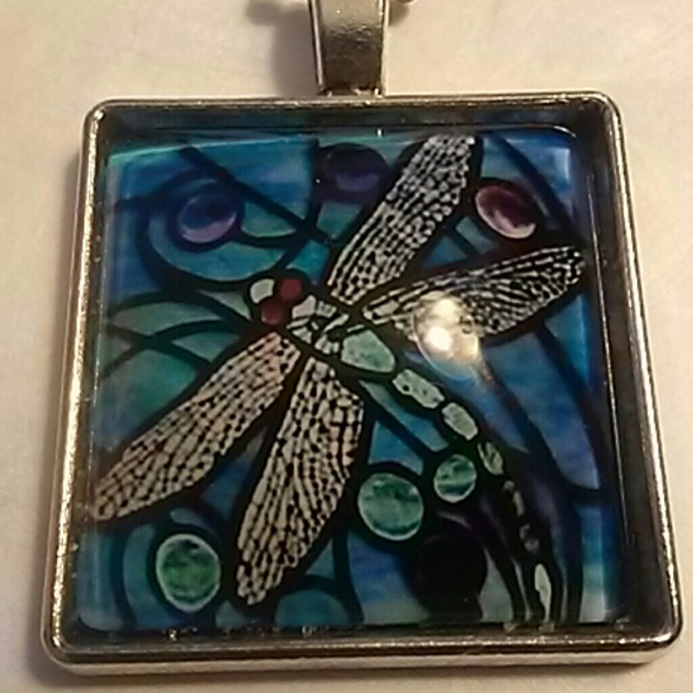 Blue Dragonfly Glass Pendant Necklace